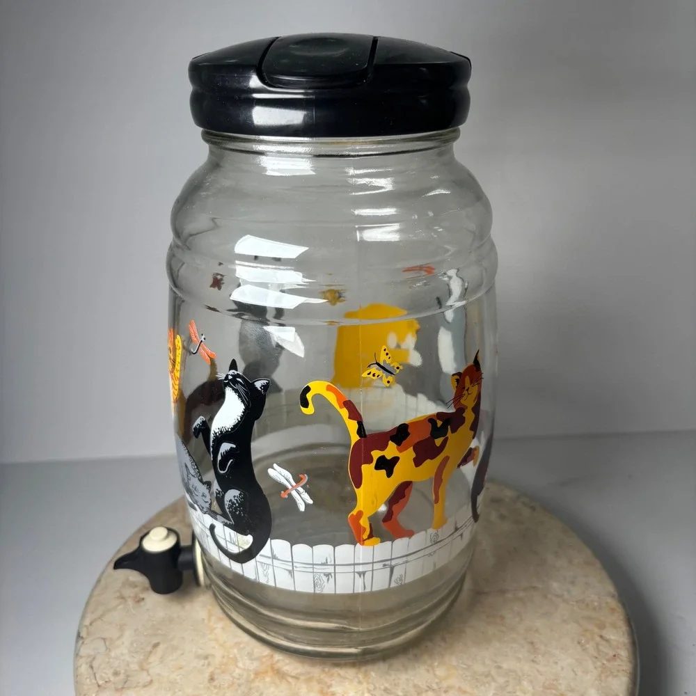 Vintage MCM Anchor Hocking Glass Cats on Fence Drink Dispenser Retro Kitsch 1 Ga